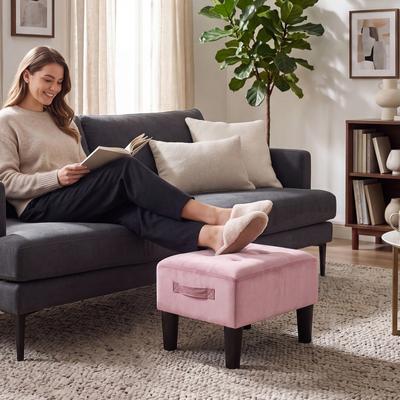 "Adeco Ottoman Foot Stool, 15.5"" Wide Upholstered Footrest with Handle for Living Room Bedroom"