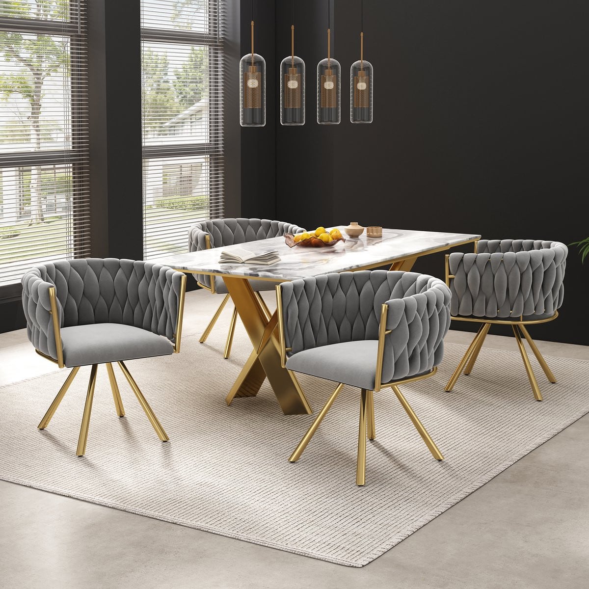 Set van 4 Welltin Fluwelen Eetkamerstoelen en Kaptafelstoelen - Grijs