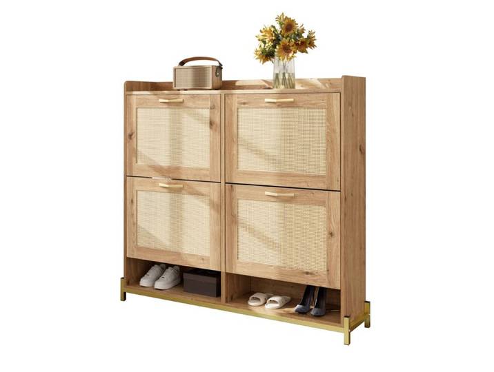 Meuble à Chaussures - Meuble d'entrée/Salon Rangement pour Chaussures - 4 Portes 2 Etagères - Commode à Chaussures Bois et Rotin