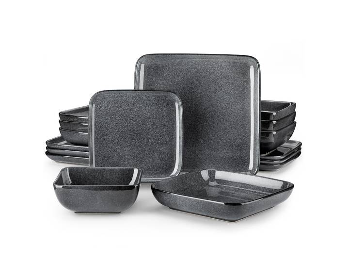 Service de table en grès réactif gris Vancasso 16/32 pièces – Assiettes et bols (4/8 assiettes à dîner, assiettes à dessert, assiettes à soupe, bols)