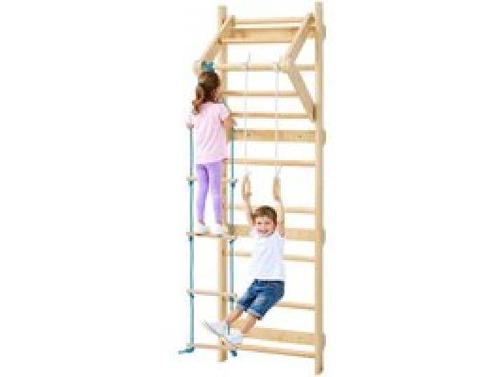 VEVOR Espalier en Bois Massif, Échelle Suédoise Murale à 8 Niveaux, Charge 100 kg, Gym Mural 4-en-1 avec Anneaux, Barre de Traction et Échelle de Corde, pour Escalade, Aire de Jeux Intérieur