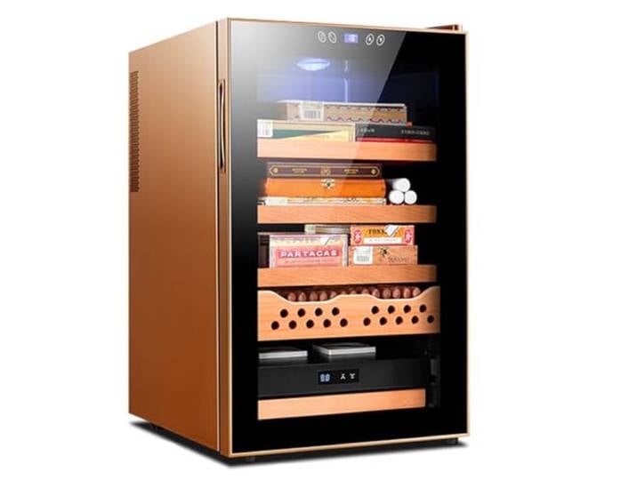 TAHALI Intelligenter elektronischer Zigarrenschrank, elektrischer Zigarren-Humidor-Kühler, gehärtetes Glas, Zedernholzverkleidung und 4-lagige Schubladen,Gold-1+3