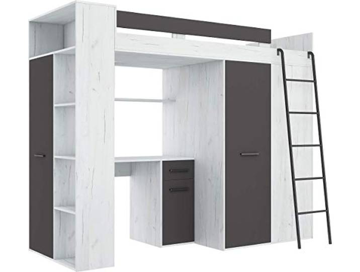 FurnitureByJDM Hochbett mit Schreibtisch, Kleiderschrank und Bücherregal Loftbett - Komplettes Möbelset 236x120x190 cm - 90x200 cm Bettgröße - Rechte Leiter - VERANA - (Craft Weiß/Graphit)