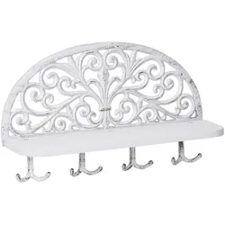 Relaxdays Wandgarderobe mit Ablage, Antik Design, 4 Doppelhaken, Schlüsselbrett, Gusseisen, HBT: 23x39x11,5 cm, weiß