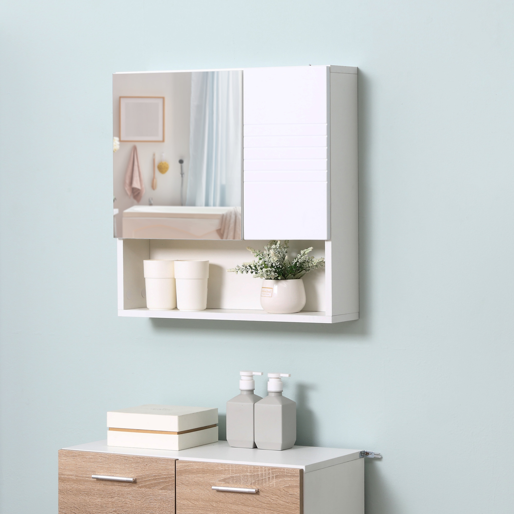 Kleankin Armadietto Specchiera Bagno, Mobiletto Bagno Pensile con Fissaggio a Muro, 54x15x55cm, Bianco Aosom