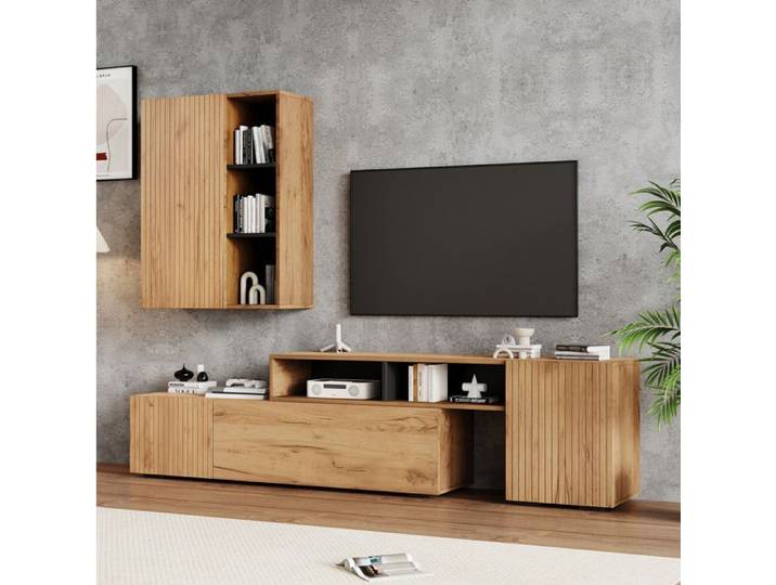 ULEVR Ensemble meuble TV mural extensible 174-265 cm en panneaux de particules bois naturel et noir