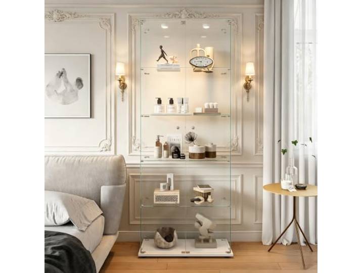 ZSSWSS Vitrine aus Glas, Ausstellungsvitrine mit 5 Glasablagen, Moderne Vitrine für Wohnzimmer mit 2 Türen und Schloss, Vitrine für Sammler,5 Etagen 2 Tür, für Sammlervitrine,Bücher und Wein,Weiß A