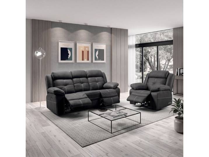 Canapé 3 places + fauteuil relax élec tissu aspect peau gris - ADOLIS