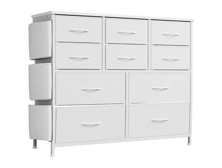 Commode grand 10 tiroirs tissu poches latérales crochets cadre métal chambre dressing couloir Blanc