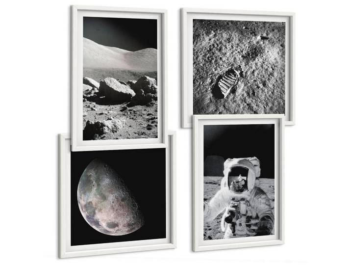 Tulup Bilder SET 4er Set - 50x50 cm & 40x60 cm Weißer Rahmen - Fußabdruck eines Astronauten auf dem Mond, Kunststoff, Rechteckig, 50x50 cm, einfache und schnelle Anbringung, Bilder & Rahmen, Bilder