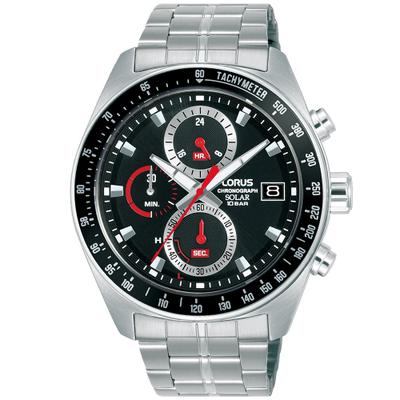 Chronograph LORUS "Sports Solar Chronograph", silber (silberfarben, schwarz, schwarz), Armbanduhren, Herren, silberfarben, Chronograph, Armbanduhr, Solar, Herrenuhr, Edelstahlarmband, analog, Tag