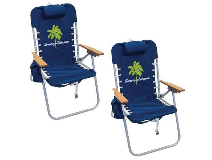 Tommy Bahama Hi-Boy Strandrucksack, 43,2 cm Sitzhöhe, 4 Positionen, Schnürung, faltbar, Strandrucksack, Stuhl, marineblaue Palme, 2 Stück