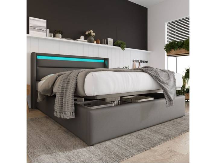 Lit coffre gris 160×200 cm LED télécommandée sommier relevable structure solide sans matelas