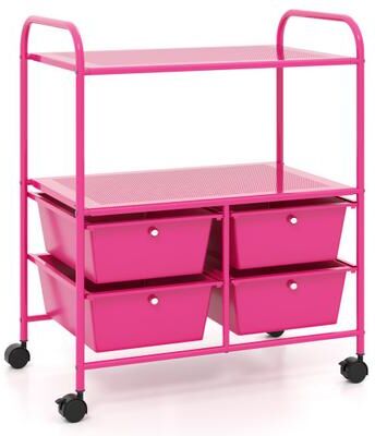 Costway 4 Drawers Shelves Rolling Storage Cart Rack-Hot Pink