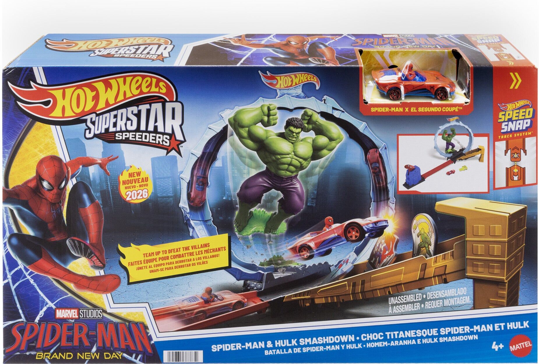 Mattel Hot Wheels Superstar Speeders Spider-Man ; Hulk Smash Down Track Set for Kids - Marvel Action Playset with Hot Wheels Speed Snap Track