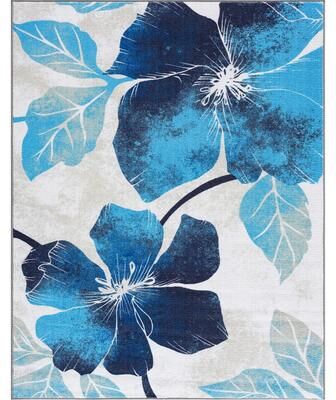 Beverly Rug Bahamas Black White Floral Non-Slip Rubber Back Indoor Area Rug