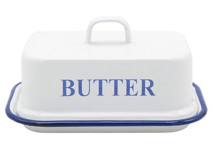 Krüger Emaille Butterdose Husum Für 250 g Butter Weiß mit blauem Rand