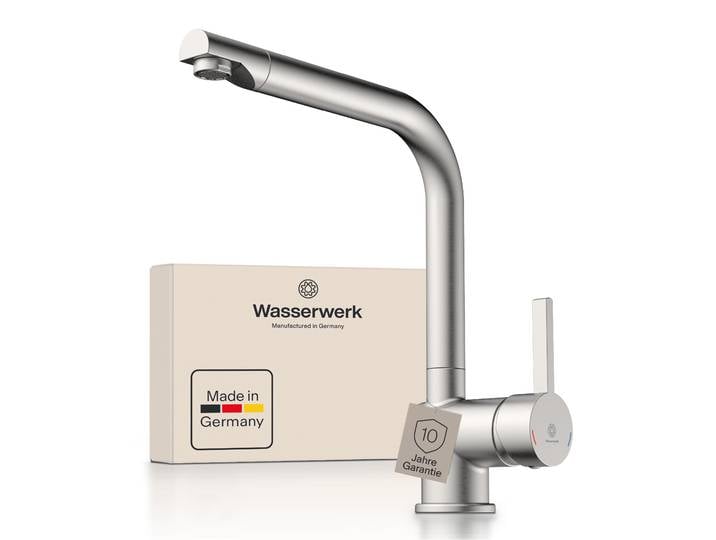 Spültischarmatur WASSERWERK WK 4, Wasserhahn, Küche, Einhebelmischer , silber (edelstahloptik), B:5,7cm H:29,8cm T:25,7cm, Messing, Armaturen, Spültischarmatur, 360 schwenkbar, Cold-Start-Funkt., geräuscharm