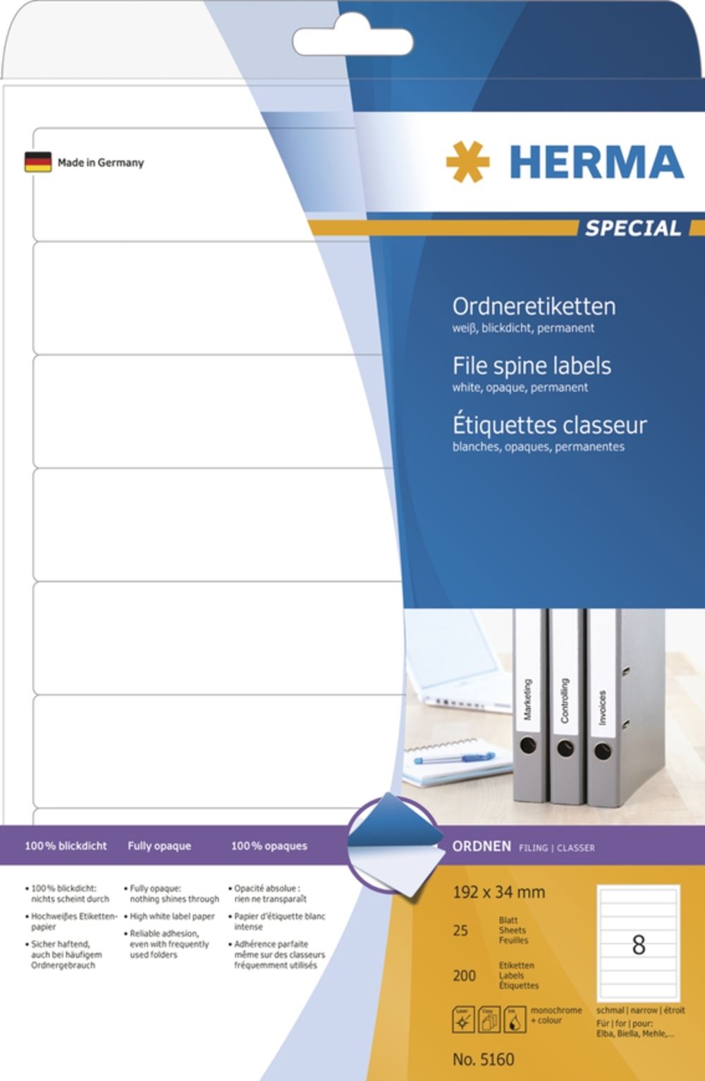 Herma 5160 blickdicht Ordneretiketten 19.2x3.4 cm (25 Blatt (200 Etiketten))