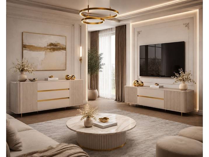ALLHOUSE24 Wohnzimmer-Set MIRACLE V - Kommode & TV-Lowboard 180 Sandbeige mit goldenen Akzenten, (2-St., Das Set besteht aus: Kommode, TV Schrank), Breite: Kommode: 180 cm, TV-Schrank: 180 cm