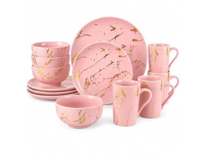 Loymokinar Porzellan-Geschirr-Set, 16-teilig für 4 Personen, Rosa mit goldfarbenem Marmor-Design, Teller, Schüssel, Tassen, stapelbar, robust, spülmaschinenfest, mikrowellengeeignet