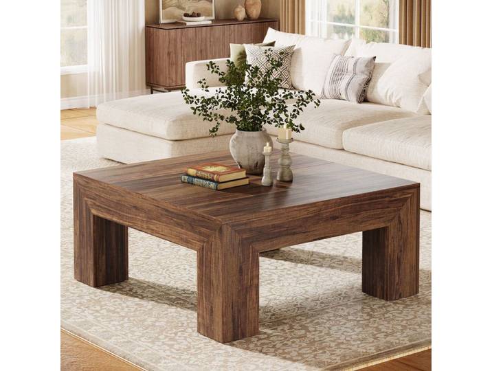 Finmind Table Basse Carrée 100x100x50 cm Table de Salon Farmhouse en MDF avec Pieds en Bois Robustes Marron Rustique