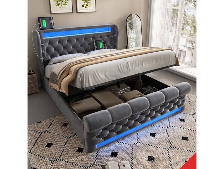 Lit capitonné 140x190 avec rangement sous lit lumières LED musicales et stations de charge USB