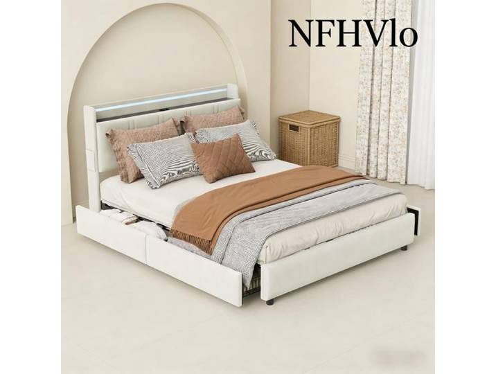 NFHVlo Cadre de lit double 140 x 200 cm lit en métal avec éclairage LED 4 tiroirs station de charge tête de lit rembourrée