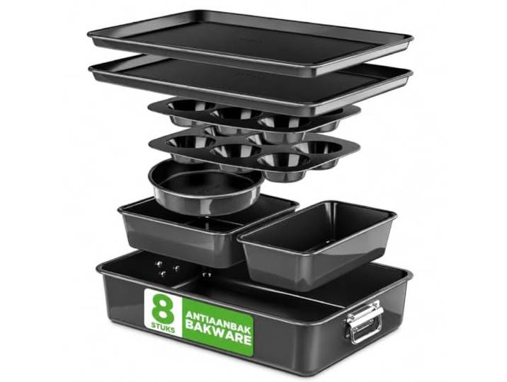 NutriChef Bakvormenset - 8-delige Stapelbare Stalen Antiaanbak Bakplaten set-Inclusief ronde Taartvorm, Muffinvormen, Brede/Vierkante Bakvormen- Bakplaat en Braadslee-Zwart