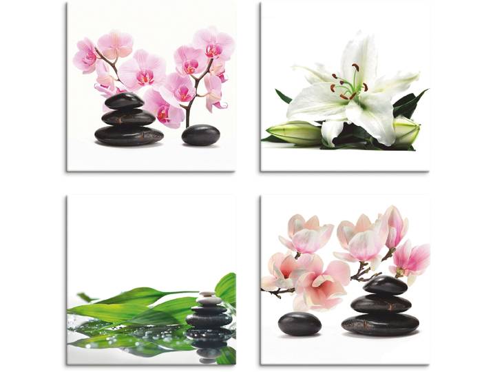 Leinwandbild ARTLAND Stein Orchidee Lilie Spa Bambus Magnolie , bunt (farbe bild(er): bunt), B:40cm H:40cm, Leinwand, MDF, Bilder, Leinwandbild, 4er Set, verschiedene Grössen