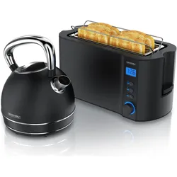 Arendo Frühstücks Set Edelstahl Wasserkocher 1,7l, Vintage-Kessel & 4-Scheiben Langschlitz Toaster, Schwarz, Wasserkocher, Schwarz