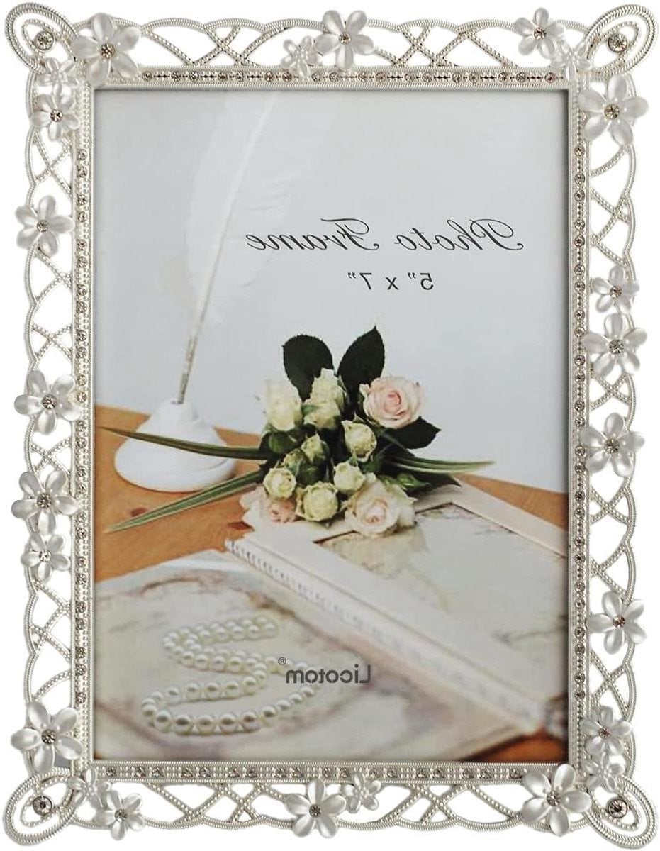 Zilveren decoratieve fotolijst met bloemen kristal decoratie voor foto presentatie, 5x7 inch