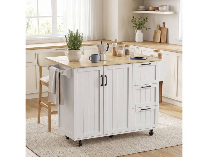 HOMCOM Îlot Cuisine Plateau Rabattable 3 Tiroirs Blanc Roulettes