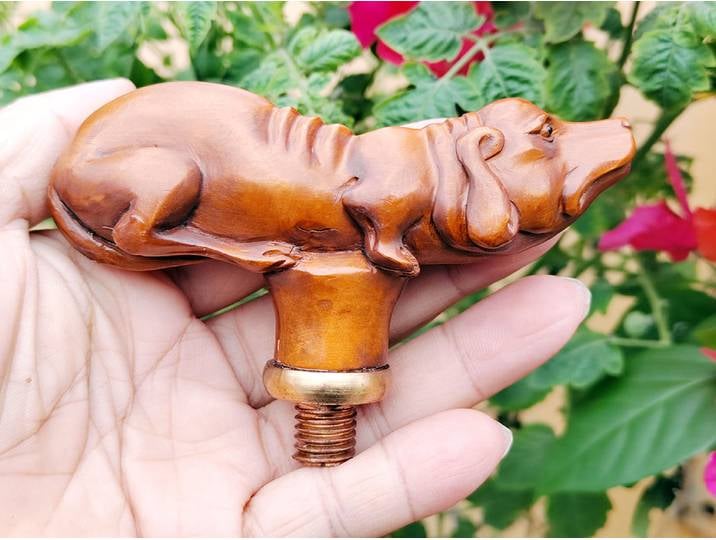 GX1640 - 20 ans 10,5x7 CM Embout de canne à béquille en buis sculpté à la main - Chien