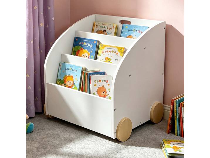 Relaxdays Bücherregal Weiß Natur Kinder 3-Fächer mit Rollen Mdf, Holzwerkstoff, 46x43.5x40 cm, Baby- und Kindermöbel, Babyzimmer, Babyregal & Kinderregal