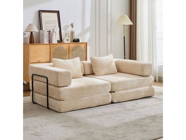 ROVRYN Canapé-lit convertible 2 places modulable en chenille beige sans montage