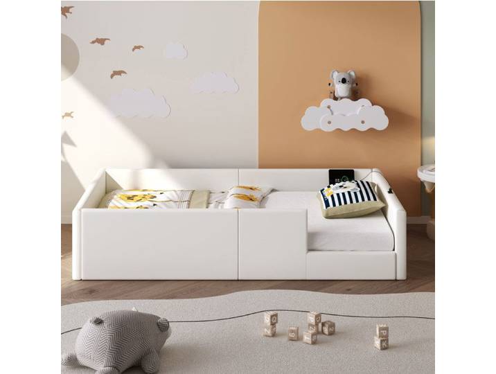 Lit enfant rembourré 90 × 200 cm avec barrières de sécurité et station de charge