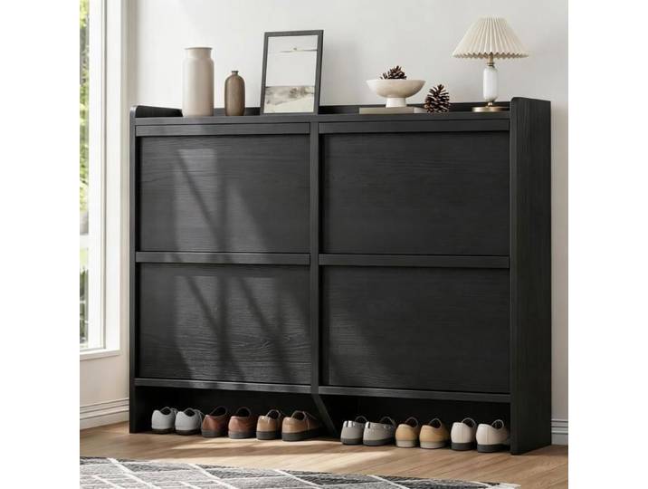 Casier à Chaussures Étroit en Bois Teinte Noire 4 Abattants avec Rayonnages Réglables Meuble Compact pour Espace Entrée