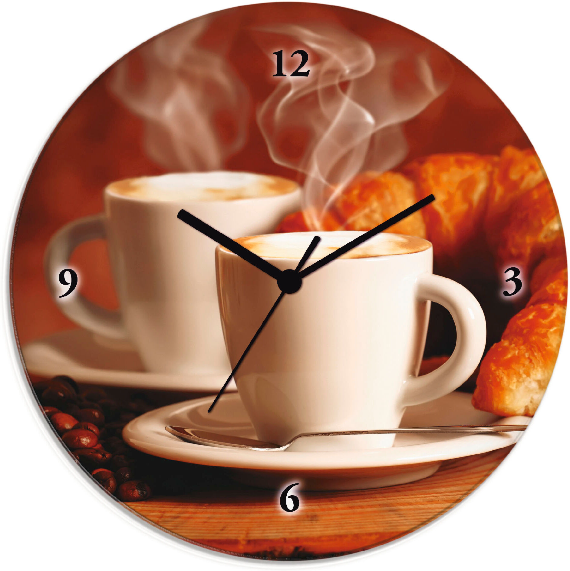 Wanduhr ARTLAND "Dampfender Cappuccino und Croissant", braun, T:1,8cm, Wanduhren, Wanduhr, wahlweise mit Quarz- oder Funkuhrwerk, lautlos ohne Tickgeräusche