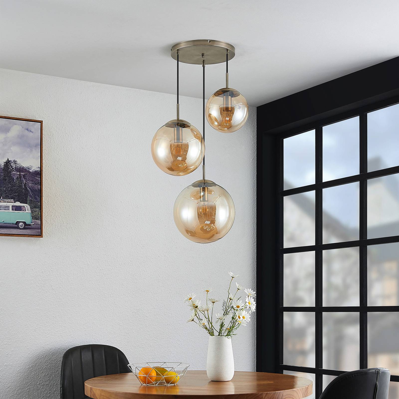 Glass Pendant Light Teeja Lindby, dimmable, Cream / amber, Living / Dining Room, Glass, Modern, Ceiling Light