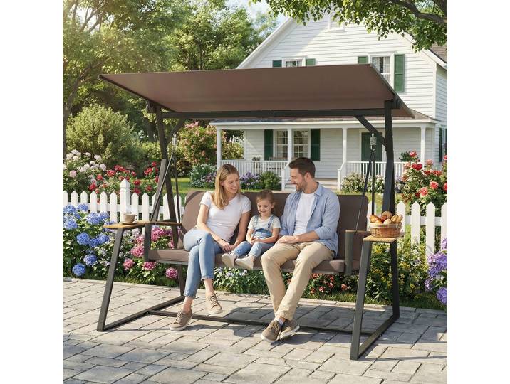 Outsunny Balancelle 3 Places Métal Marron Toit Ajustable 360kg