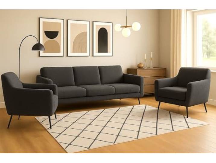 A&J MöbelLand GmbH Polstergarnitur Benito: 3-Sitzer Sofa + 2 Sessel – Wohnzimmer Set, modernes Design, Bonellfederkern, langlebige Qualität, Bezug in Dunkelgrau