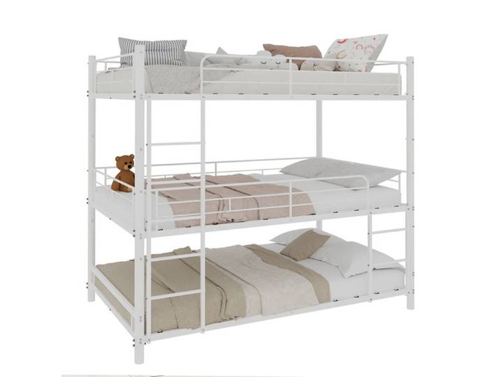 Lit Superposé Triple Blanc en Métal 90 x 190 cm - Cadre de Lit 3 Étages avec Barrières et Échelles pour Enfants Ados & Dortoir