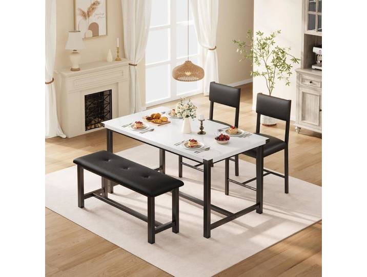 Salle a manger complete - Table cuisine et 2 chaises avec 1 banc - industriel - pour cuisine Salle a manger Marbre BLANC