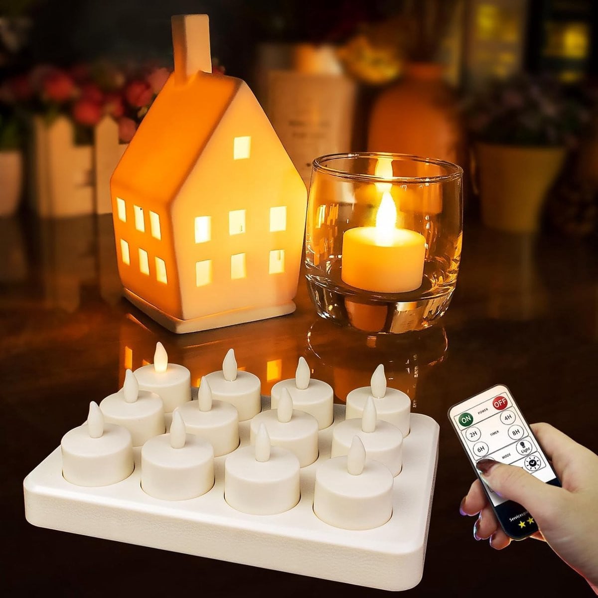 SnelShoppen 12 Oplaadbare LED Theelichten met Afstandsbediening en Timer, Warm Geel Licht met Vlam Effect