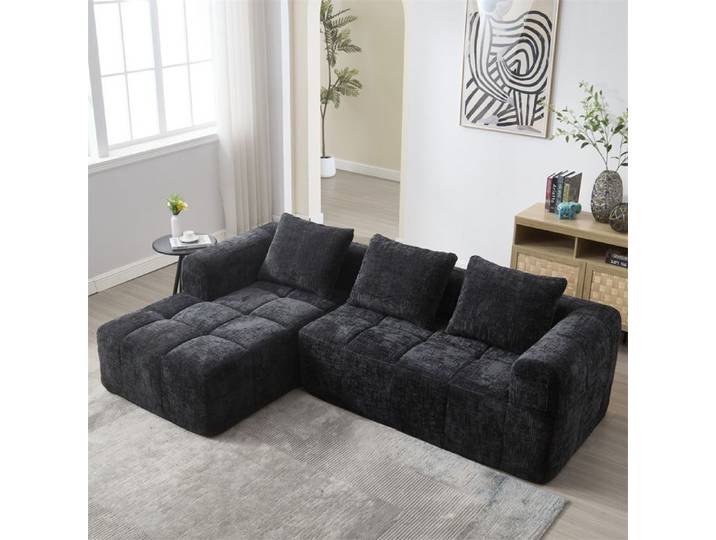 DRIPEX Canapé d'angle Sectionnel en Chenille Moderne Canapé 3 places en forme de L avec 3 coussins poche latérale Noir