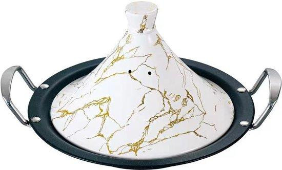 Royal Swiss Tajine Marokkaanse Stoofpot met Keramische Deksel, Wit & Goud, Diameter: 34 cm