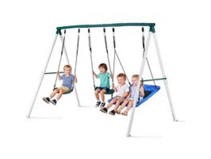 VEVOR Kit Balançoire de Jardin 318 kg, Portique Balançoire avec 3 Sièges, pour Arrière-cour Aire de Jeux Extérieur, Trapèze Métallique Solide en Forme de A, Stable avec Ancrages de Sol en Spirale