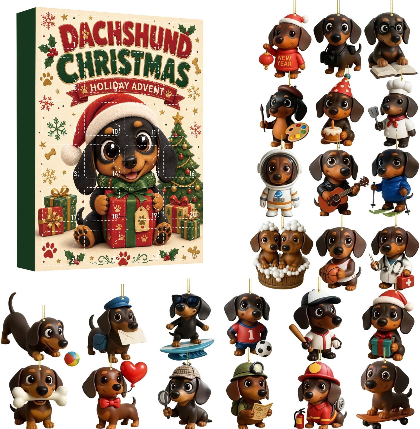 Kerst-adventskalender met teckels blind box – Multicolour acrylhangers in de vorm van puppy's als kerstboomversiering