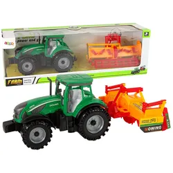 Grüner Traktor mit orangefarbenem Grubber für Kinder